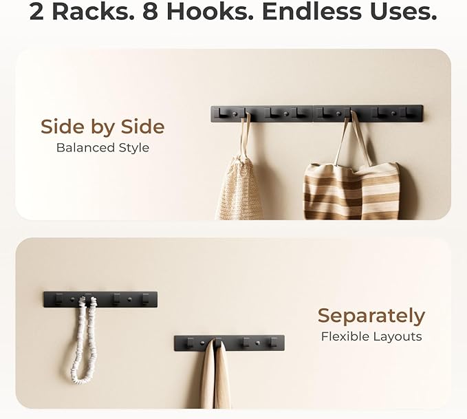 GWAAZXGZ Black Wall Mounted Coat Rack- 2 Modular Rails (25'' Total), 8 Right-Angle Hooks, Modern Organizer for Entryway, Bathroom, Bedroom, Holds Coats, Towels, Hats