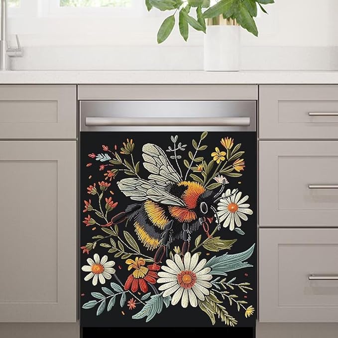 Flower and Bee Pattern Dishwasher Magnet Cover Sticker,Refrigerator Magnet Cover Decal Fridge Magnetic Stickers Home Kitchen Decor,23W x 26H inchs