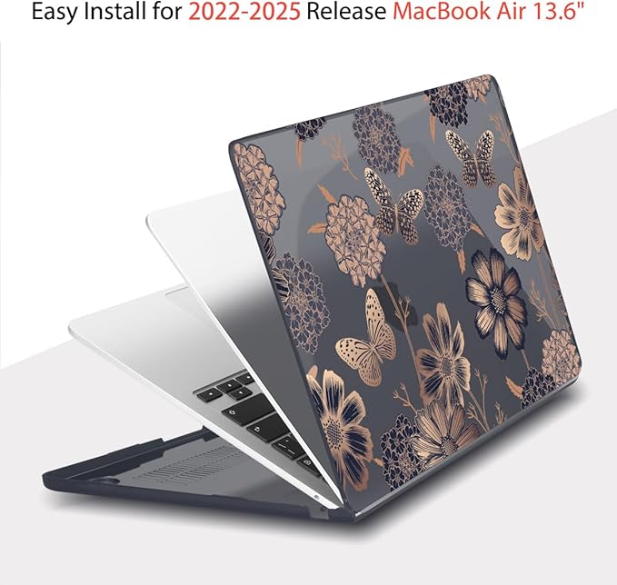 Teryeefi for MacBook Air M2 M3 M4 M5 13.6 Case 2022 2023 2024 2025 2026 Release A2681 A3113 A3240 A3449, Clear Hard Shell with Keyboard Cover & Adapter & Screen Protector, Gold Floral Butterfly