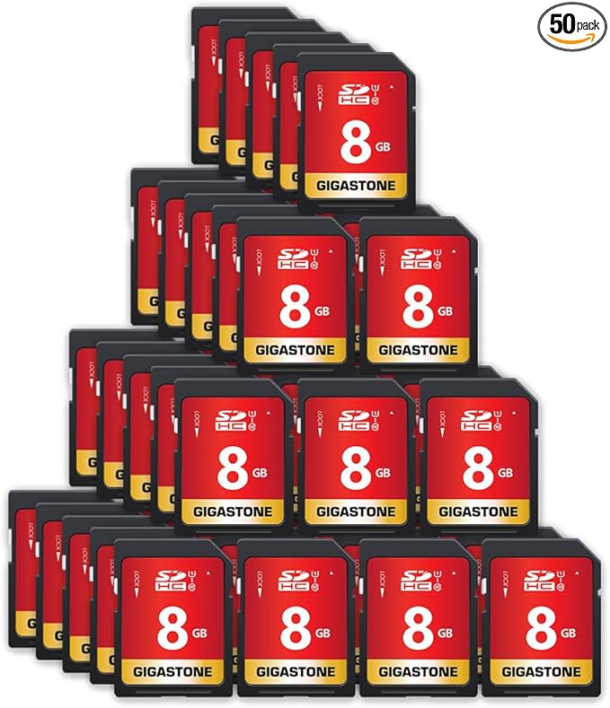 GIGASTONE 8GB SD Card 50-Pack UHS-I U1 Class 10 SDHC Memory Card Full HD Video Kodak Olympus Digital Camera, with 50 Mini Cases