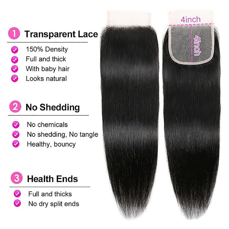 4X4 Straight HD Lace Closure Human Hair Extensions 12A Brazilian Virgin Remy 100% Unprocessed Human Hair Frontal Free Part Closure Only Pre Plucked With Baby Hair Natural Black 18 Inch