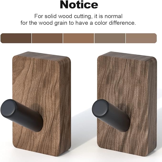 IURRDOP 4 PCS Black Walnut Wood Wall Hooks, Adhesive Mounted & Wall Mounted Rustic Decorative Entryway Hooks, Mid Century Modern Natural Wooden Pegs for Hanging Coat Clothes Hat Bag Purse and Towel