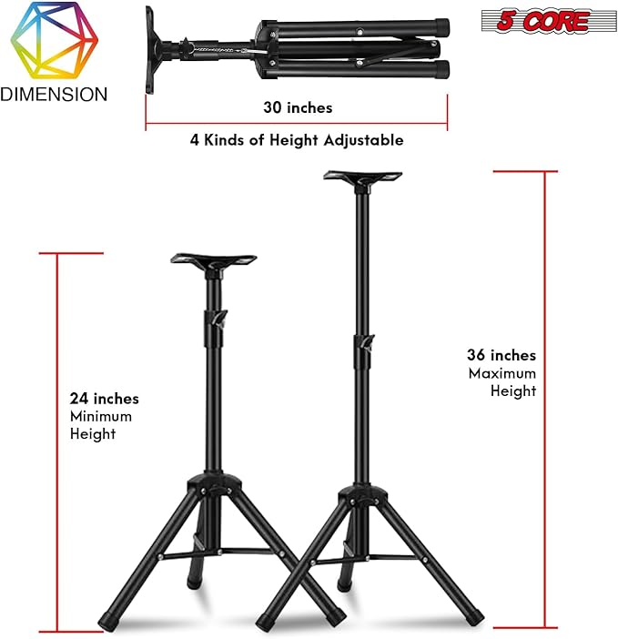 5 Core Speaker Stand Universal Mount Steel Alloy Construction 132 Lbs Capcity Stable Tripod w/Adjustable Height 36” w 35mm Compatible Insert Metal Safety Pin Black
