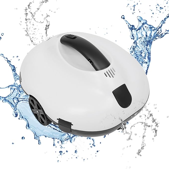 Robotic Pool Cleaner Automatic Pool Cleaner with Adapter and Practical Handle Cleaning Machine for Removing Sand Stones Hair One-Touch On/Off Wheel Design, White+Black