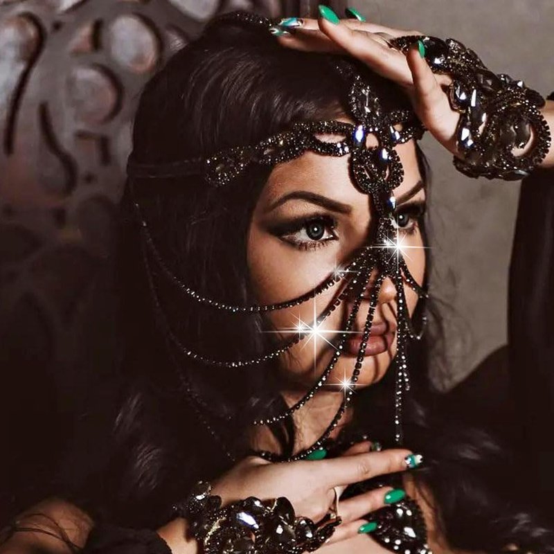 Fdesigner Flapper Mask Head Chain Masquerade Headpiece Rhinestone Costume Hair Accessories (Unique-Black)