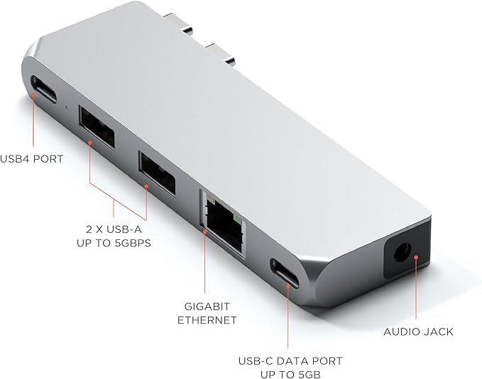 Satechi USB C Hub Multiport Adapter Pro Hub Mini, USBC Dongle with USB4 Port, USB C Data, 2 USB-A Data, Ethernet, Audio Jack, for MacBook Air/Pro M5/M4/M3/M2/M1 - Silver