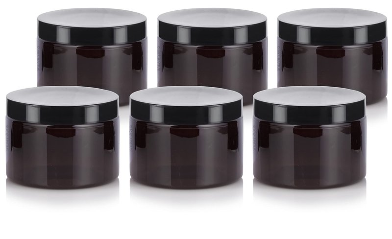 JUVITUS (6 pack) 12 oz Amber PET Plastic Jar with Black Smooth Lids Empty Storage Containers