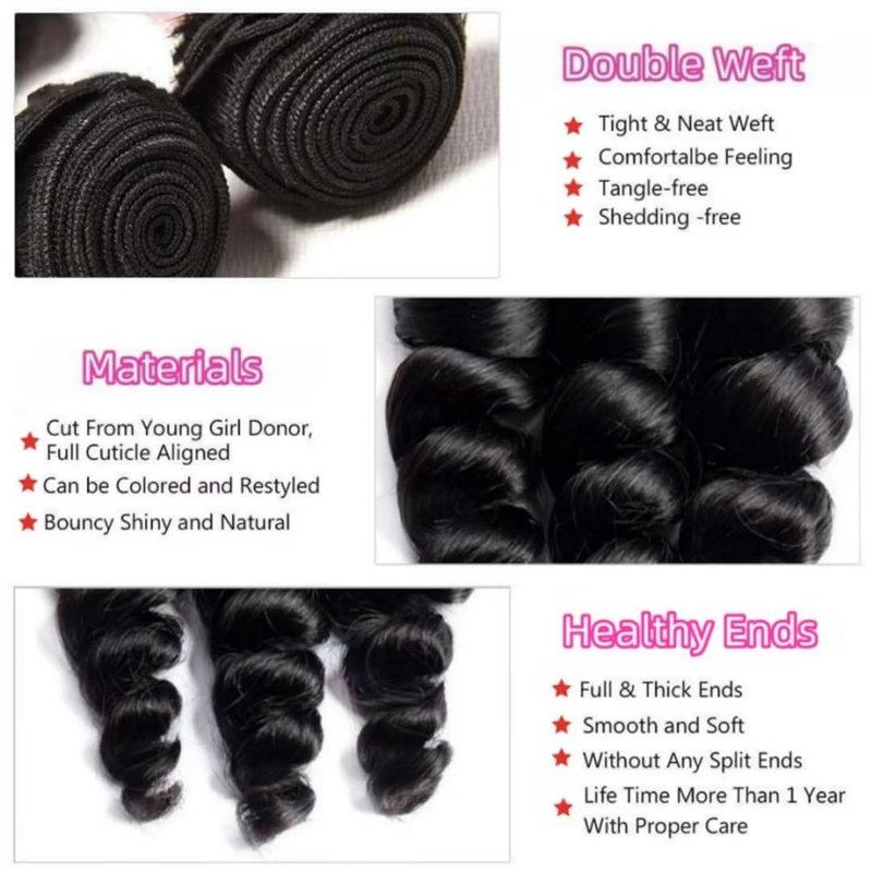 Loose Wave Bundles Human Hair 3Bundles Brazilain Virgin Loose Wave Human Hair Bundles Natural Black Color Can be Dyed (Natural Black, 10 10 10 Inch)