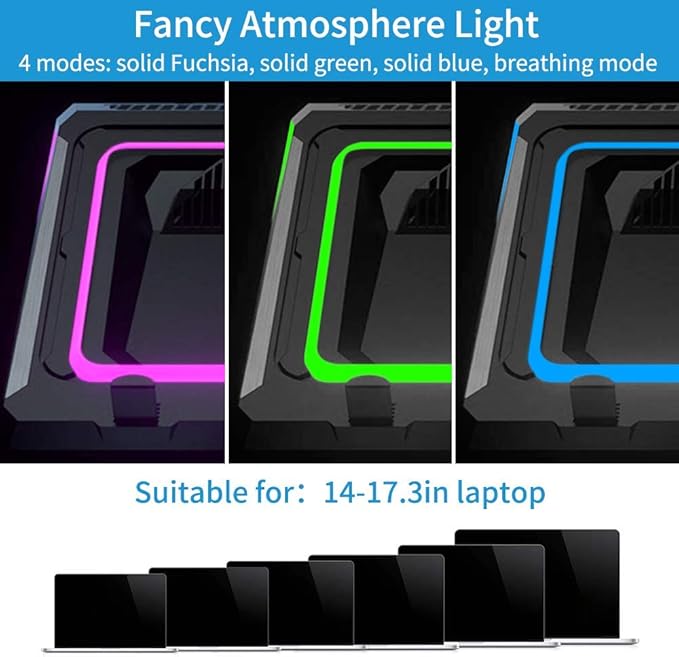 AFMAT FC05 Gaming Laptop Cooling Pad, 4500RPM Laptop Cooling Pad with Turbo-Fans, USB Ports, Colorful Lights - CPU Temperature Drops 20-30 ℃ Within Seconds - for 14-17.3 inch Laptops