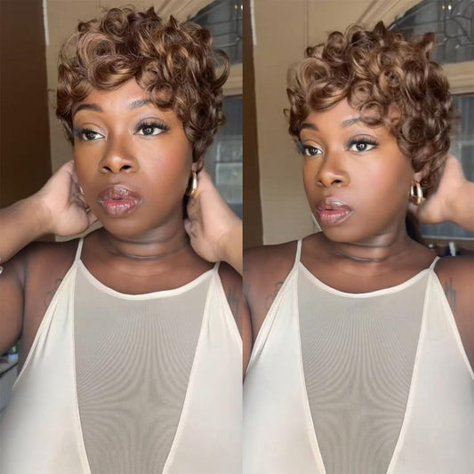 ShowReal Pixie Cut Wigs for Black Women Pixie Cut Human Hair Wigs Natural Black Short Curly Human Hair Wig Short Layered Brazilian Virgin Human Hair Gluless Wigs (025-1B)