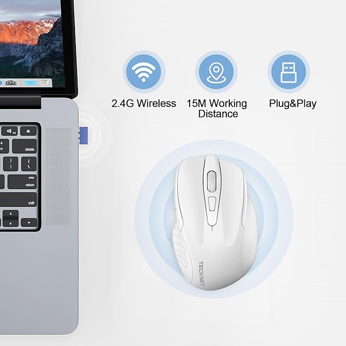 TECKNET Wireless Mouse Rechargeable, 2.4G USB-A Silent Mouse, Quiet Click, 6 Adjustable 4800 DPI, Cordless Computer Mice, Ergonomic Mice for Laptop, 6 Buttons for Chromebook, Ergo Grip - White