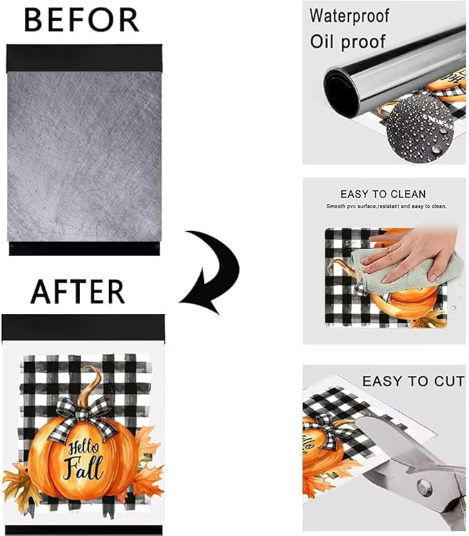 Generic Pumpkin Dishwasher Face Cover, Decorative Autumn Thanksgiving Harvest Buffalo Plaid Stickers, Simple Magnetic Dishwasher Sticker, Fridge Door Cover, 23Wx26H