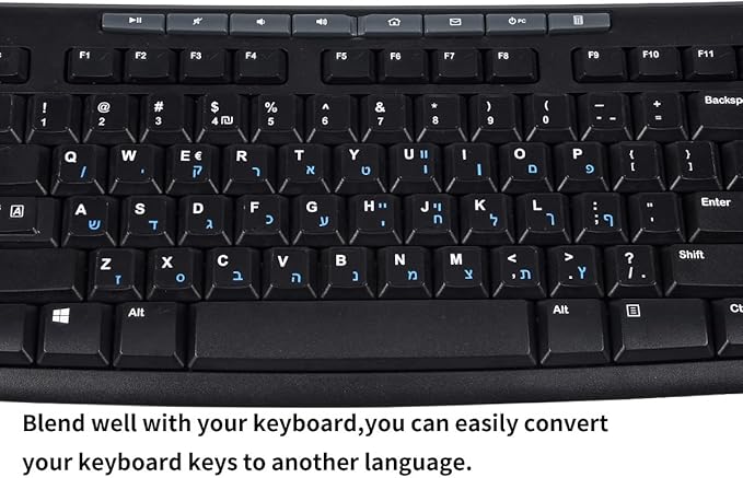 2PCS Hebrew Keyboard Stickers Black Background with Blue Letters Replacement Sticker for PC Computer Laptop Notebook Desktop Keyboards, Matte Vinyl Alphabet -Each Unit: 0.43" x 0.51"