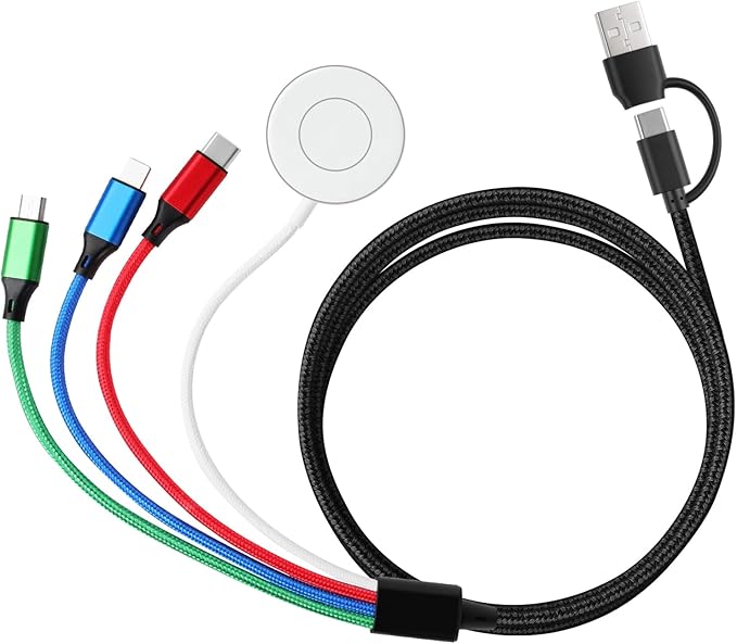 Nefuo Multi Charging Cable for Apple Watch Charger/iPhone Charger, 4 in 2 Travel Essentials Cord for iWatch Ultra SE 10-1, iPhone 17-13, Android Phone, Upgraded Nylon Braided Multi Charger Cable (5FT)