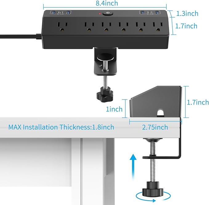 Desk Clamp Power Strip with 40W Fast Charging Station, JXGUCAT 10FT Flat Plug Desk Mount Power Strip Surge Protector, Removable Extension Cord with 2 USB-C Ports 6 Outlets, Fits 1.8" Tabletop Edge