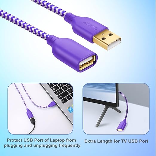 USB Extender Cord, OKRAY 2-Pack 6FT USB 2.0 Extension Cable Type A Male to A Female Data Transfer USB-A Extender Durable Nylon Braided Cable for Printer, USB Flash Drive/Game Controller (Purple Green)