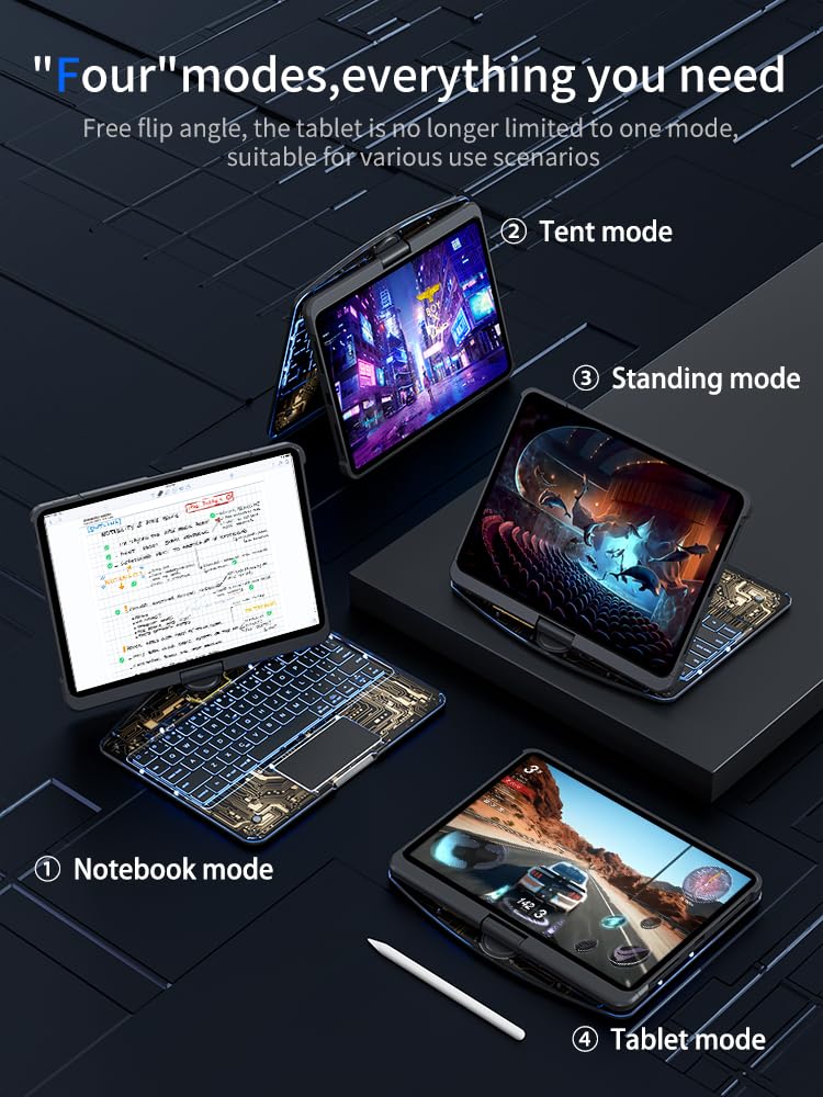 Transparent Case with Wireless Keyboard for iPad Air 13 Inch (M3/M2, 2025/2024), 7 Colors Backlight, Multi-Touch Trackpad, 360° Rotating Stand with Pencil Holder for iPad Pro 12.9 Inch (6/5/4/3 Gen)
