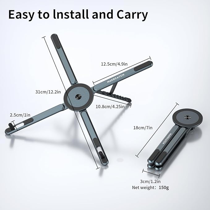 makecatch Portable Laptop Stand for Desk, 3-in-1 Adjustable Holder for MacBook, 8-Level Height & Angle, Aluminum Alloy Desktop Stand, Compatible with 4-13” iPhone, 10-16” Laptops & Tablets(Gray)