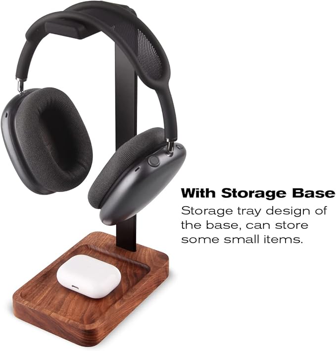 PHERKORM Walnut Wood & Aluminum Headset Holder, Desktop Headphone Stand, Universal headphone holder for most music gaming headsets - Black Walnut