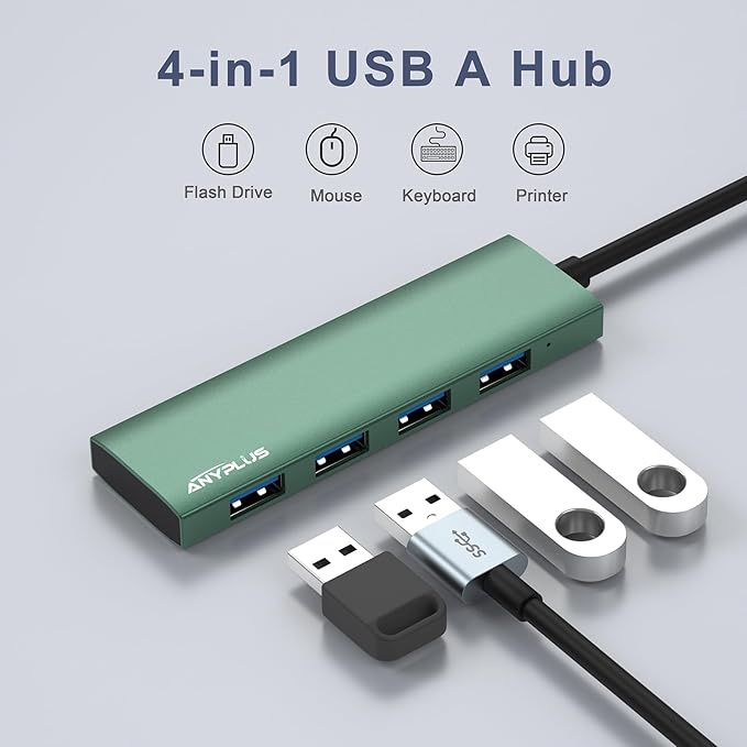 ANYPLUS USB Hub, USB 3.0 Hub Aluminum Alloy Ultra Slim USB Splitter, Portable 4 Port USB Extender, USB Hub for Laptop, PC, MacBook, iMac, Surface Pro, Mac Pro, Flash Drive, XPS 【Green】