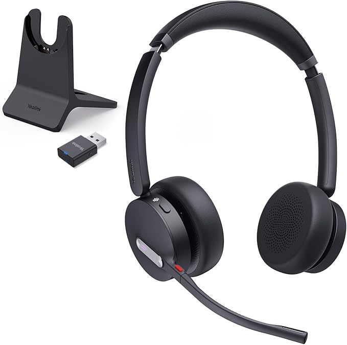 Yealink WH64 Hybrid Wireless Headset with Mic for Work, Dual Mode Bluetooth & DECT Dongle Headset with Charge Stand for PC/Computer/IP Phone/Cell Phones, Teams, Zoom, 492 ft Range, 32H Talk Time