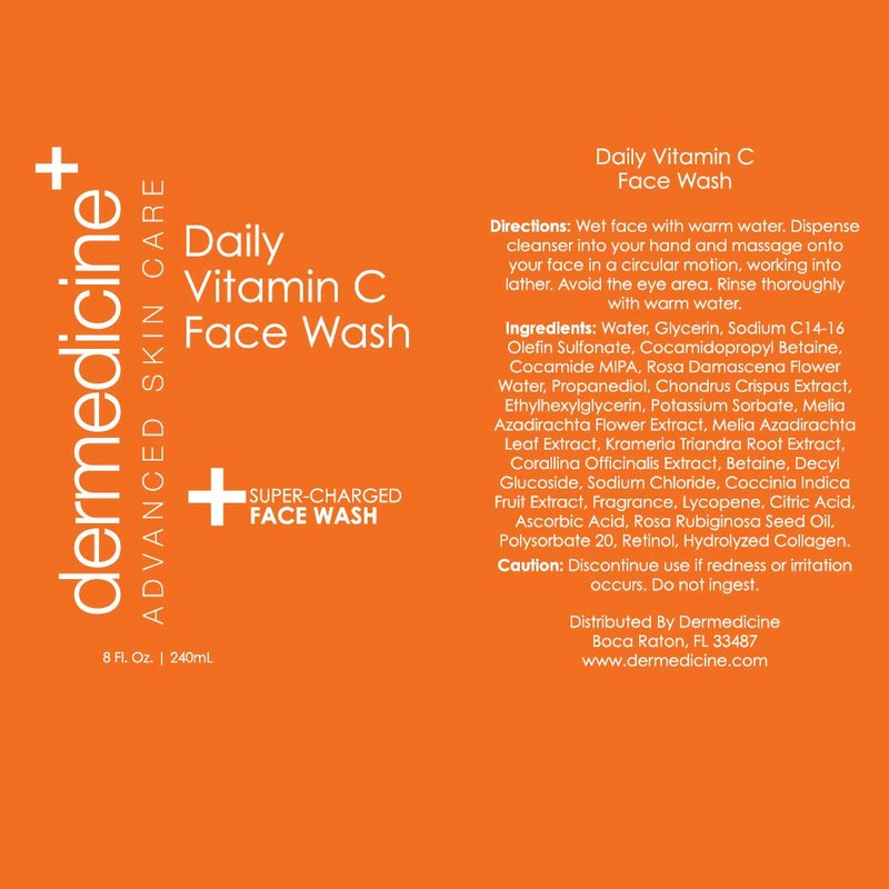 Dermedicine Daily Vitamin C Face Wash Super-Charged w/Marine & Plant Extracts & Retinol Cleaner | Works to Help as Cleanser, Brighten & Balance Complexion 8 Fl. Oz. | 240mL