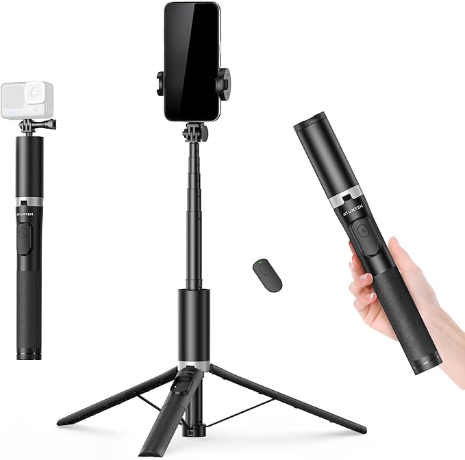 ATUMTEK 63" Phone Tripod for iPhone, Extendable Selfie Stick Tripod with Bluetooth Remote, All-in-One Aluminum Phone Selfie Stick for 4”-7” iPhone and Android Smartphones Black