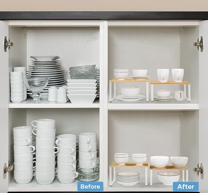 NEX Bamboo Kitchen Cabinet and Counter Shelf Organizer, Stackable & Expandable, Set of 4, White and Natural