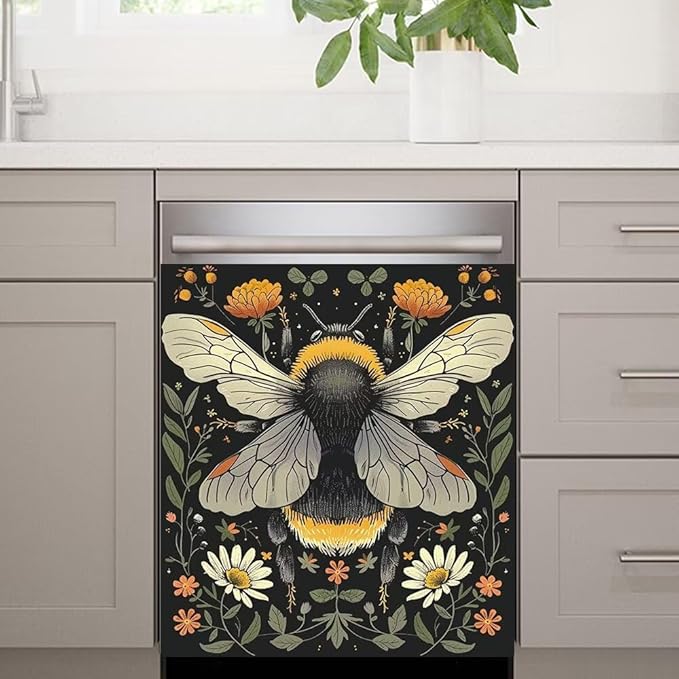 Flower and Bee Wallpaper Dishwasher Magnet Cover Sticekr,Refrigerator Magnet Cover Decal Fridge Microwave Stickers Kitchen Decor,23W x 26H inchs
