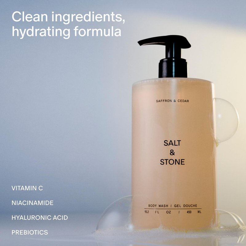 Salt & Stone Body Wash with Antioxidants for Deep Moisture | For Women & Men, Sulfate, Paraben, & Dye Free, Leaving Skin Soft and Hydrated | Saffron & Cedar 15.2 fl oz