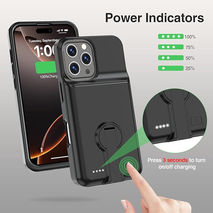 GIN FOXI Battery Case for iPhone 16 Pro, Charging Case with Holder 8000mAh Rechargeable Charger Ultra-Slim Anti-Fall Protection Extended Battery Pack Juice Box for iPhone 16 Pro 6.3" Black