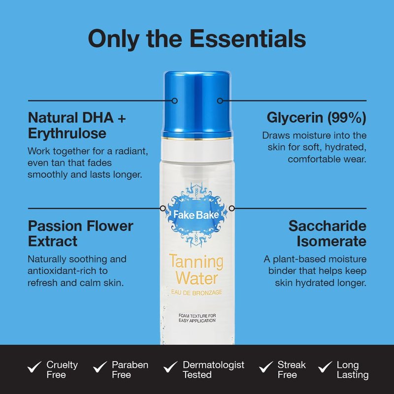 Fake Bake Foam Tanning Water Self Tanner Instant Glow with Hydrating Passion Flower Rejuvenation - Natural Looking Sunless Bronzing for Women & Men - 6.7 oz
