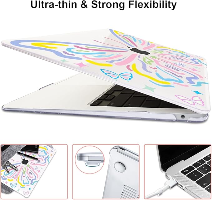 LCMOCICO for MacBook Air 13 inch Case 2021 2020 2019 2018 for Mac A2337 M1 A2179 A1932 Cover with Touch ID, Crystal Pattern Plastic Hard Shell Case Keyboard Skin Screen Protector, Colorful Butterfly