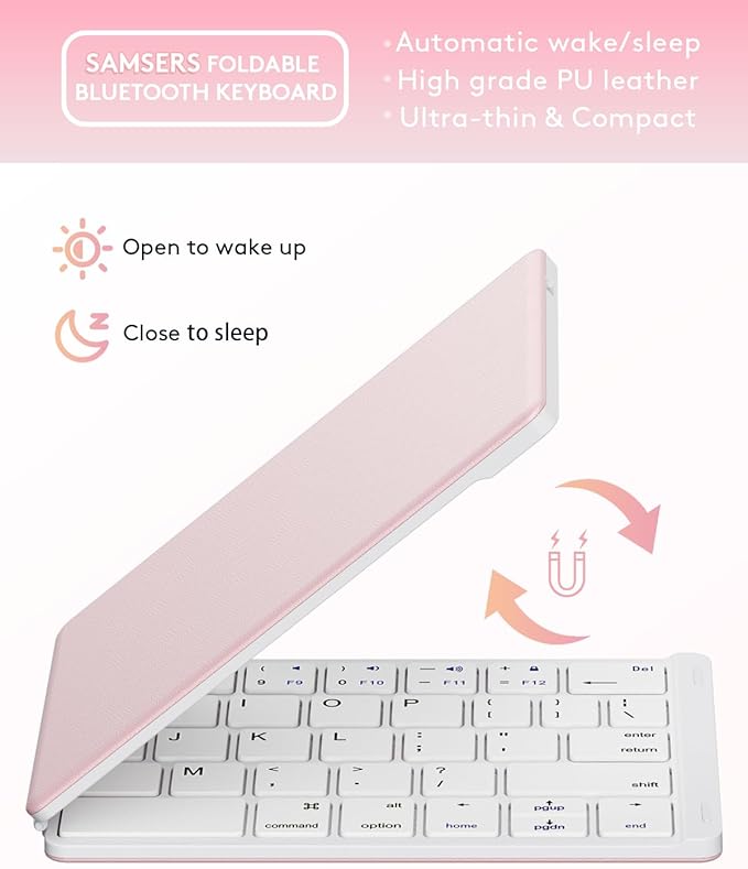 Samsers Foldable Bluetooth Keyboard - Portable Wireless Keyboard with Stand Holder, Rechargeable Full Size Ultra Slim Folding for iOS Android Windows Smartphone Tablet and Laptop, White Pink