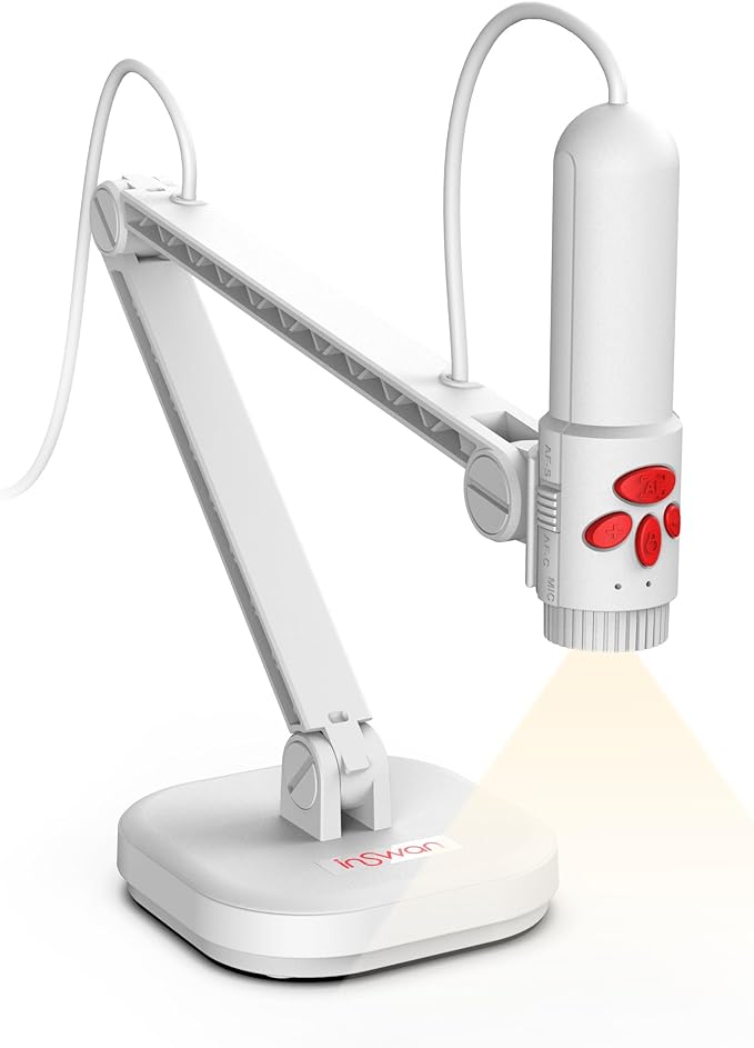 INSWAN INS-3 Detachable Handheld USB Document Camera – Flexible Multi-Angle, Perfect for Hands-on Teaching & 3D Object Demo, Mic, LED, Auto Focus, Compatible with Windows/Mac/iPad/Chromebook, White