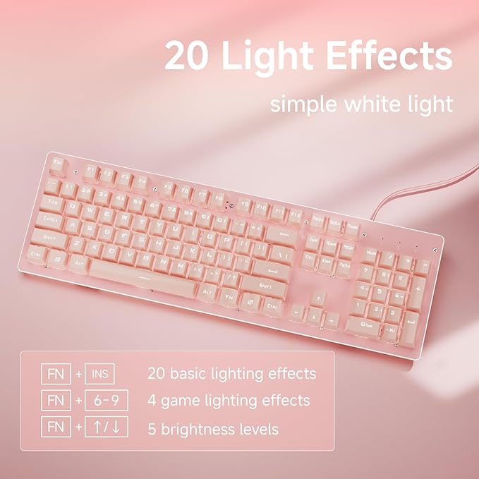 SEUNKWANG EWEADN TK100 Typewriter Keyboard Wired Mechanical Keyboard, 104 Keys Aesthetic Typewriter Keyboards with White Backlit, Anti-Ghosting, Blue Switch Wired Cute Keyboards-Pink