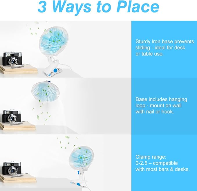 TeqHome 8.66" Portable Clip on Fan, 2 Speed Desk Fan with Auto Shaking Function, 180° Adjustable Tilt, Study Clamp, Personal Cooling Fan with 3.94ft Cord for Home Office Dorm