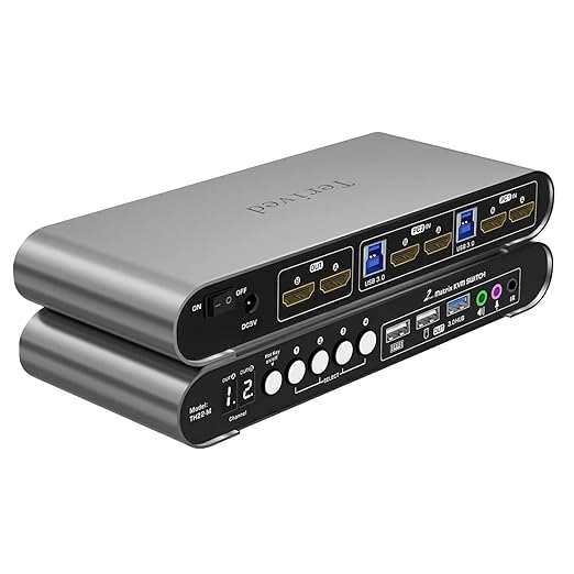 Terived 2 Computers 2 HDMI Monitors Matrix Automatic KVM Switch 4K@60Hz, Hotkey Switching, EDID, Digital Display and Aluminum Shell, USB 3.0 Hub Audio Microphone with Cables