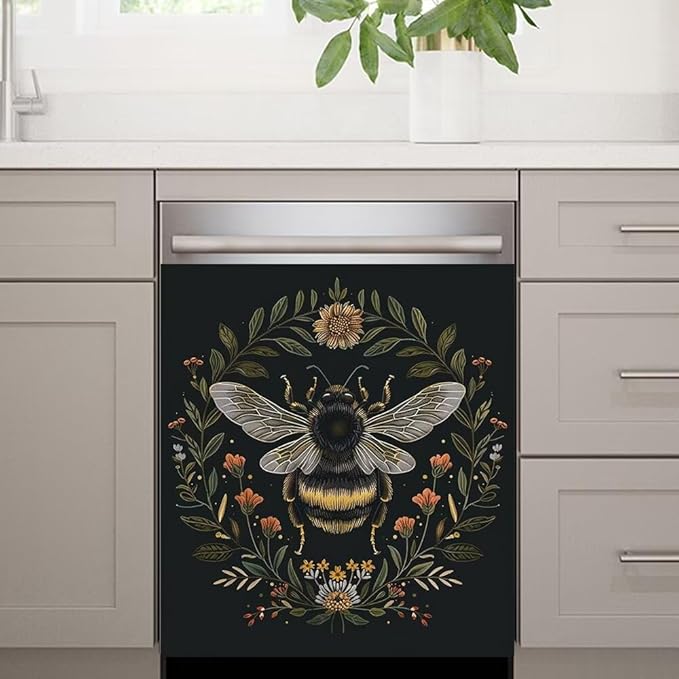 Flower and Bee Pattern Dishwasher Magnetic Cover Sticker Refrigerator Fridge Magnet Panel Decal Magnets Home Kitchen Fridge Front Door Cover 23W x 26H inchs