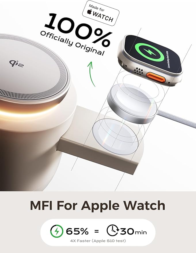 3 in 1 Wireless Charging Station, Qi2 15W Charger for iPhone 17/16/15/14/13/12 Series, iWatch, Airpods, iPad, 65W Charger Included (Sand, 3 in 1)