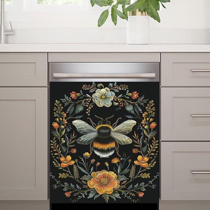 Flower and Bee Pattern Dishwasher Magnet Cover Sticekr - Kitchen Decorative Fridge Panel Decal - Kitchen Appliances Decorate Sticker - 23W x 17H inchs