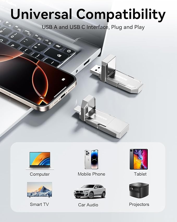GARMESE USB C SSD Flash Drive 512GB Up to 450MB/s, External SSD Type C+ USB A USB 3.2 Dual Ports Portable Metal Thumb Drive Stick 2-in-1 External Drive for iPhone 17/16/15 Series/Mac/Android Phone