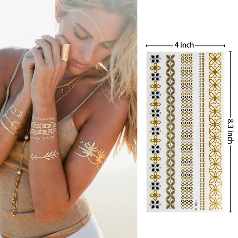 Muulaii 8 Sheets Gold Tattoos Temporary, Long Lasting Metallic Tattoos