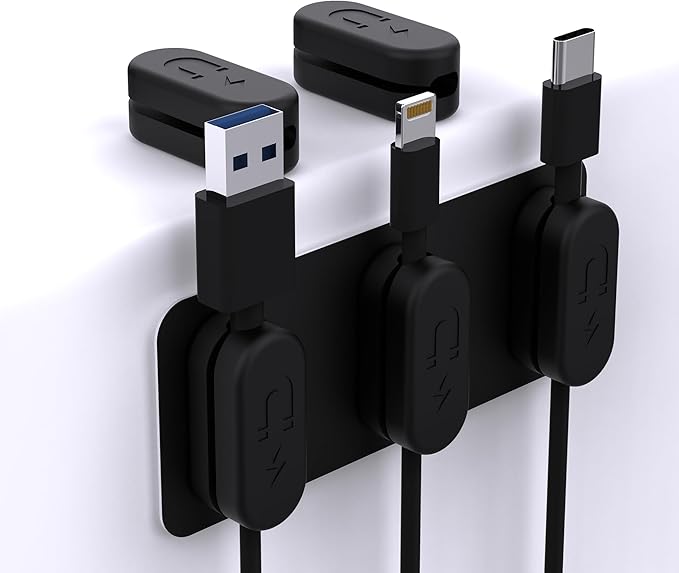 CHARGEWORX Pack of 5 Magnetic Cable Clips, Adhesive Cord Organizer for Desk, Nightstand, Wall or Car, Wire Holder for USB-C, Lightning and Micro-USB Cables, Black