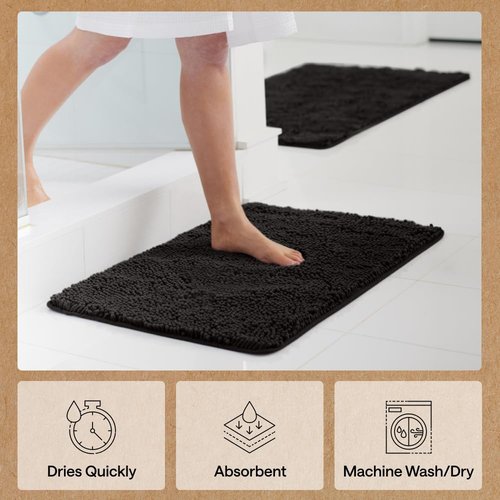 GORILLA GRIP Bath Rug Mat, Thick Soft Absorbent Chenille, Quick Dry Microfiber Mats, Rubber Backing Washable Shower Floor Rugs, US Designed Bathroom Bathmat Home Decor Accessories, 24x17, Black