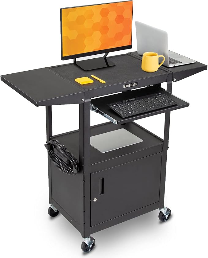 Leader Adjustable Height Rolling AV Cart, Mobile Workstation with Drop Leaf Shelves, Pullout Keyboard Tray, Locking Steel Cabinet, Power Strip for Classroom and Office Use (Black, 24-42 Inch)
