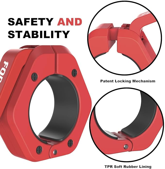Forcefree+ Barbell Clips (Pair), Barbell Clamps, Quick Release Olympic Barbell Clamps with Anti Slip TPR Grip, Barbell Collars for Secure Weightlifting & Powerlifting (Magnetic, Red)