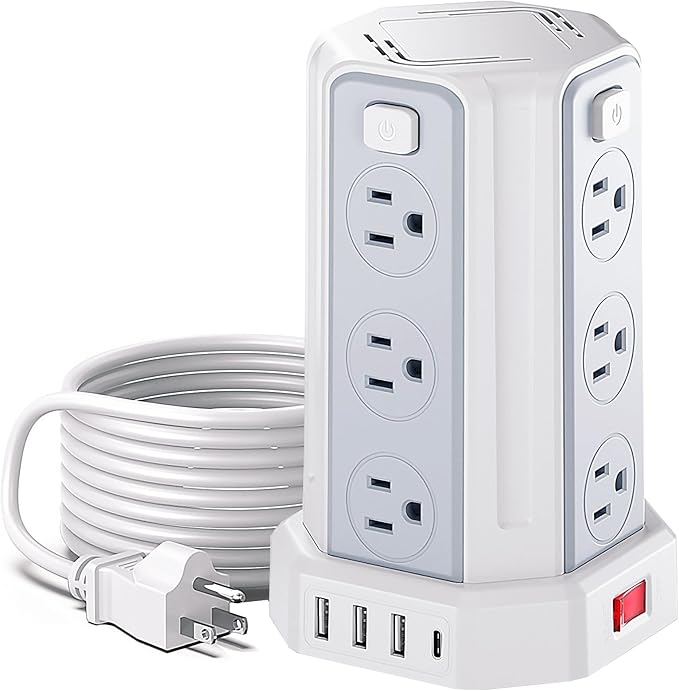 Power Strip Surge Protector, 6.5 Ft Extension Cord with 12 AC Multiple Outlets 4 USB (1 USB C), SMALLRT Power Tower Desktop Charging Station