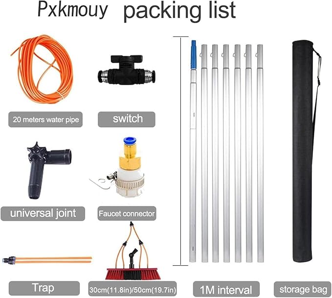 Window Cleaning Telescopic Pole Window Cleaning Kit, Window Cleaning Water Fed Poles Roof Cleaning Tools with 20M Water Supply Pipe, Solar Panel Cleaning Brush(30cm Head,20FT/6M)