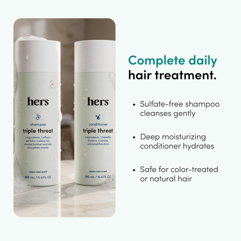 hers Triple Threat Shampoo & Conditioner Set - Biotin, Saw Palmetto, & Pumpkin Seed Oil Formula - Thickens & Hydrates - Color-Safe, Paraben-Free, Vegan - Napa Rose Scent - 6.4 Fl Oz, 2 Count